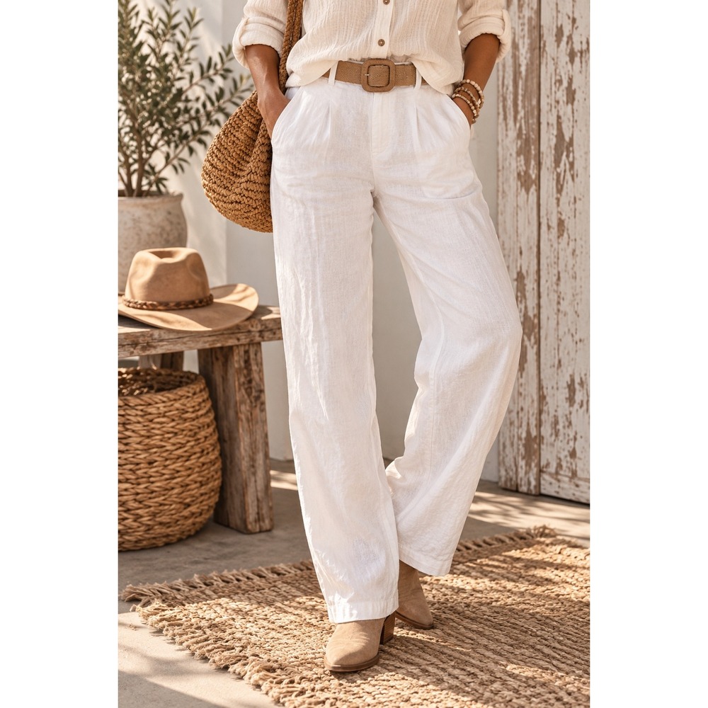 Halston 100% Linen White Pants L Coastal Western Boho Wide Leg Belted NWT